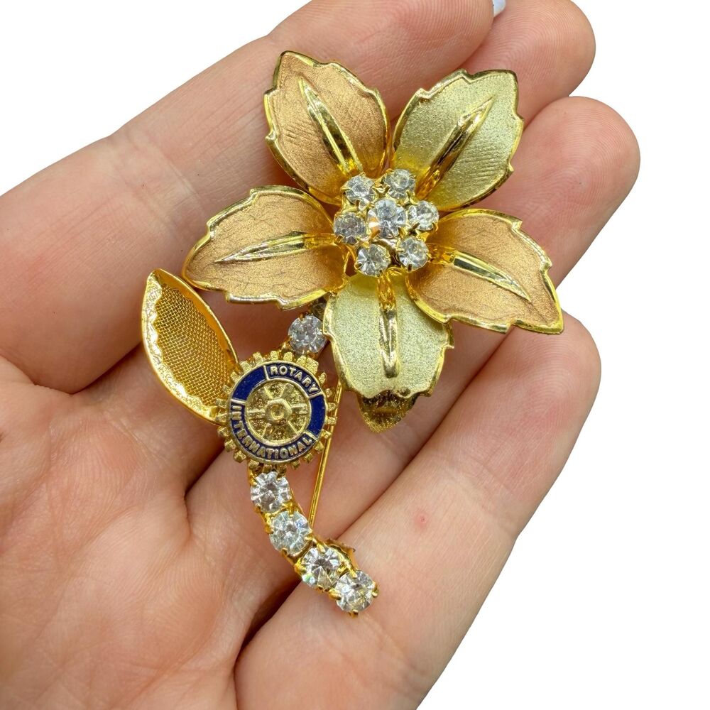 Women In Rotary International Gold Tone Enamel Rhinestone Pin Brooch Vintage
